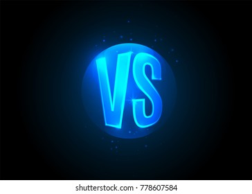 Versus icon. VS letters is into round circle. Shining symbol on dark background. Blue neon cartoon text. Vector illustration