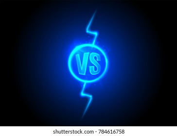 Versus icon. VS letters is into round circle. Lightning bolt on dark background. Blue neon cartoon thunder. Vector illustration