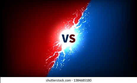 Versus Label With Lightning Effect. Vector Illustration With Bright Thunderstorms And Shining Lightnings. VS Symbol On Dark Blue And Red Background.