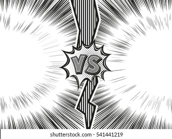 Versus letter background. Cartoon retro design with long fissure and explosion bubbles. Black and white comics explosion background. Vector illustration.