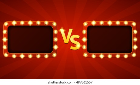 Versus letters fight background. Vector illustration with glowing lamps. Decorative banner with shining lights in vintage style.