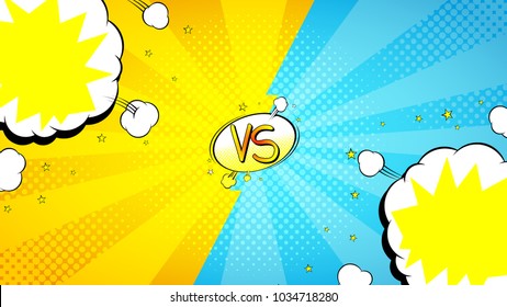Versus letters fight banner. Vector illustration with speech bubbles. Decorative yellow and blue banner with bomb explosive in pop art style.