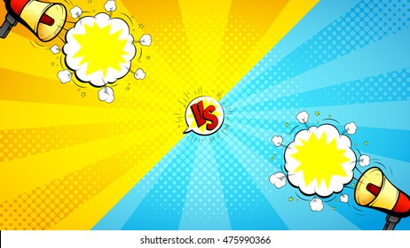 Versus letters fight illustration. Vector background with loudspeakers and speech bubbles. Decorative backdrop with bomb explosive in pop art style.