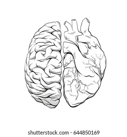 Versus letters human brain right and left hemisphere and heart illustration. Creative concept vector design. 