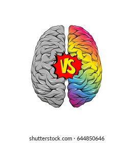 Versus letters human brain right and left hemisphere illustration. Creative concept vector design. 