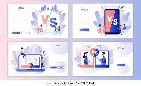 Versus letters. VS battle. Business Competition. Screen template for mobile smart phone, landing page, template, ui, web, mobile app, poster, banner, flyer. Modern flat cartoon style. Vector 