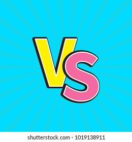 Versus letters or VS battle fight competition. Cute cartoon style. Sunburst with ray of light. Starburst effect. Blue background template. Flat design. Vector illustration