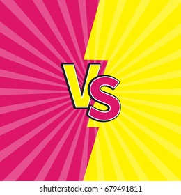Versus letters or VS battle fight competition. Cute cartoon style. Pink yellow background template. Sunburst with ray of light. Starburst effect. Flat design. Vector illustration