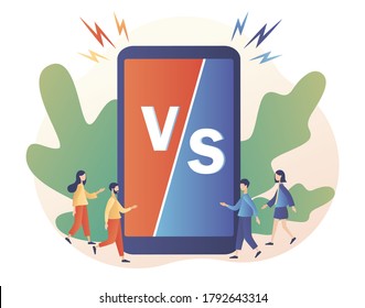 Versus letters. VS battle sign in smartphone screen. Competition between two persons or products. Modern flat cartoon style. Vector illustration on white background