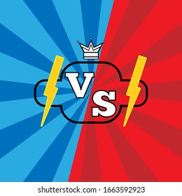 Versus logo with lightning bolts and a crown on red and blue background. Confrontation in sports, games, and competitions. Vector illustration.