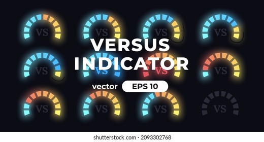 Versus meter. Confrontation indicator. Loading circle with percentage. Gauge concept with vs icon. Animation. UI, User interface. Minimalistic template. Modern design. Vector illustration.