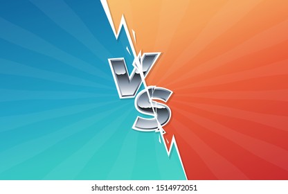 Versus monogram with lightning bolt and chrome letters. Championship screen. Vs battle headline, conflict between teams. Divided screen. Eps10 vector