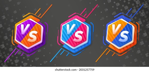 Versus monograms on divided hexagon with asymmetric decorative elements. Set of icons with different color variations. Template for poster, mma, boxing, gaming. Versus screen concept.Eps10 vector