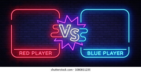 Versus neon banner with square frames. Screen battle, the confrontation of two fighters, the battle. Neon sign Vector illustration