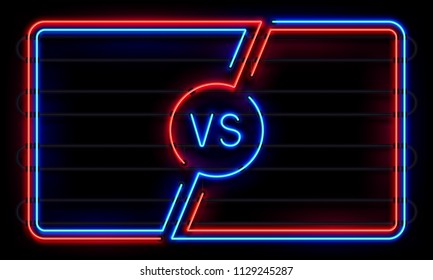 Versus neon frame. Sport battle glowing lines banner, VS duel boxing match fight vs sign defeat blue and red. Sports fight team win game frames icon vector background