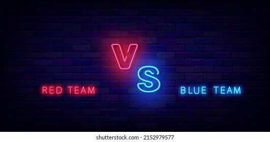 Versus neon signboard. Space for team names. Boxing and match betting. Game confrontation design. Outer glowing effect poster on brick wall. Vector stock illustration