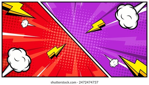 Versus Plantilla de fondo de arte pop para la página de cómic de dibujos animados o póster. Fondo de rayos radiales con efecto de semitono y rayo en diseño de estilo cómico. Competición Rojo vs Azul.