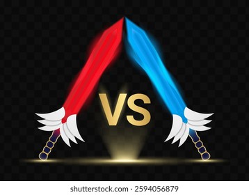 Versus red and blue sword set. Crossed swords. VS battle vector symbol isolated on black background