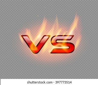 Versus red burning glossy logo. VS isolated vector letter with fire light effect. Competition flame icon. Fight symbol.