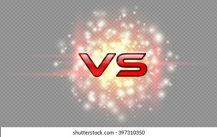 Versus red sparkling glossy logo. VS isolated vector letter with spark light effect. Competition explosion icon. Fight symbol.