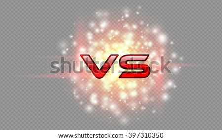 Versus red sparkling glossy logo. VS isolated vector letter with spark light effect. Competition explosion icon. Fight symbol.