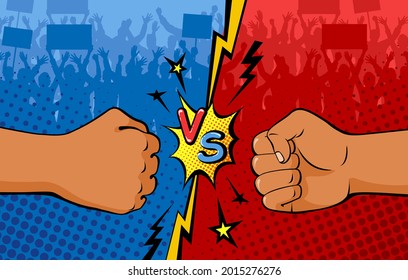 Versus rivalry fist backgrounds in comics style. Fighting duel with lightning ray border and VS logo. Group of people, fans in the background. Vector illustration