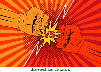 Versus rivalry fist vector background. Boxer punching or clashing fists for disagreement battle