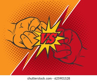 Versus rivalry fist vector background. Boxer punching or clashing fists for disagreement battle