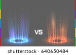 Versus round blue and red glow rays night scene with sparks on transparent background. Light effect podium. Disco club dance floor. Beam stage. Magic fantasy portal. Futuristic hot and cold teleport.