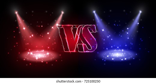 Versus round blue and red glow rays night scene with sparks on dark background. Light effect podium. Disco club dance floor. Beam stage. Magic fantasy portal. Futuristic hot and cold teleport.