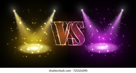 Versus round pink and yellow glow rays night scene with sparks on dark background. Light effect podium. Disco club dance floor. Beam stage. Magic fantasy portal. Futuristic hot and cold teleport.