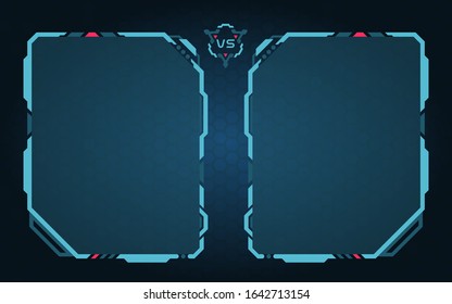 Versus Screen 1vs1 Player With Blue Hud Border Design. Versus screen with White Frame Border HUD Design. Futuristic design.  Battle banner match. Announcement of Players And Gamers.