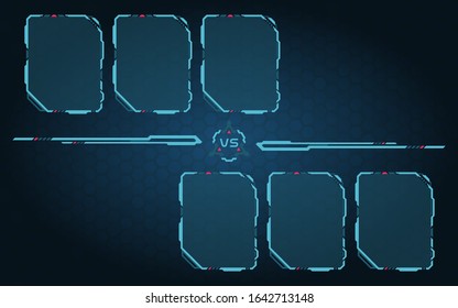 Versus Screen 3vs3 Player With Blue Hud Border Design. Versus screen with White Frame Border HUD Design. Futuristic design.  Battle banner match. Announcement of Players And Gamers.