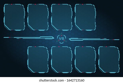 Versus Screen 4vs4 Player With Blue Hud Border Design. Versus screen with White Frame Border HUD Design. Futuristic design.  Battle banner match. Announcement of Players And Gamers.