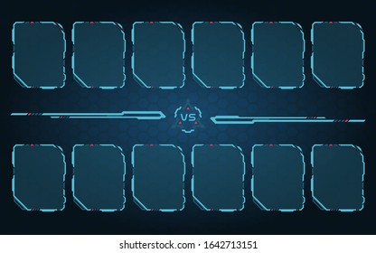 Versus Screen 6vs6 Player With Blue Hud Border Design. Versus screen with White Frame Border HUD Design. Futuristic design.  Battle banner match. Announcement of Players And Gamers.