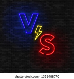 Versus screen background. VS text neon on the bright brick wall. VS letters for sports and fight competition. Vector illustration.