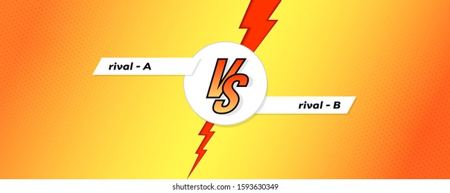 Versus screen. Banner of comparison with letters VS on expressive background with halftone effect. Versus template for sports events, challenge or contest. Vector poster with lightning for superhero