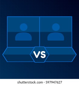 Versus screen with blank square frames. Blue versus board of rivals, with space for photo on dark background.