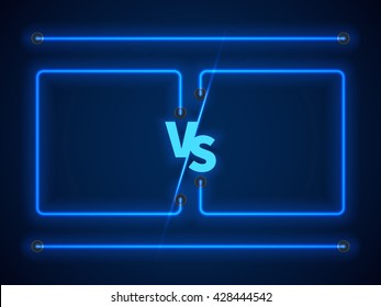 Versus screen with blue neon frames and vs letters. Competition vs match game, martial battle vs sport. Stock vector illustration