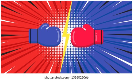 Versus screen with boxing gloves flat style design vector illustration. Fight screen for battle or gaming. Red versus blue. Fight!