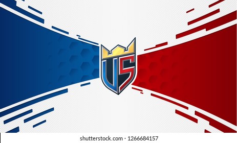 Versus screen concept. Vs sticker monogram with crown. Red and blue teams confrontation. Dynamic background with layered paper texture. Eps10 vector