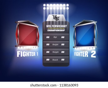 Versus screen design Announcement of two fighters Blue and red corner with lighting and display style.