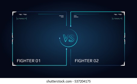 Versus screen design. Announcement of a two fighters. Blue futuristic neon VS letters. Thin line borders. Vector illustration on the dark background. Future style