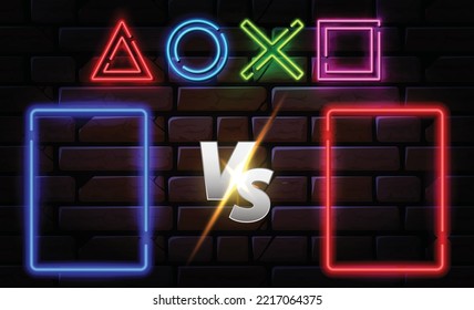 Versus Screen Design Banner With Game Console Joystick Glowing Neon Buttons Signs. Easy to Edit. Vector Illustration