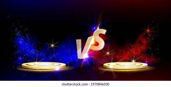 Versus screen design with golden podiums for game battles, sport competition and challenge. Vector template of headline with gold VS symbols and round platforms with red and blue glow and sparkles