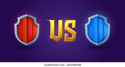 Versus Screen Design mit mittelalterlichen Schilden für Spielkämpfe und Wettkämpfe. Vektorvorlage für Schlagzeilen mit goldenen VS-Symbolen und kartoonroten und blauen Holzschilden mit Stahlrahmen