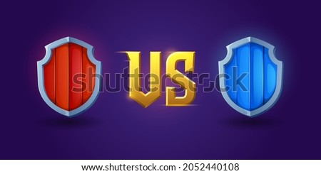 Versus screen design with medieval shields for game battles and competitions. Vector template of headline with golden VS symbols and cartoon red and blue wooden shields with steel border