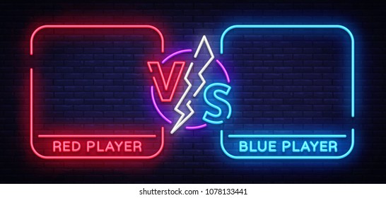 Versus screen design in neon style. Neon banner Announcement of two fighters. Blue futuristic neon VS leaves. Competition vs match game, martial battle vs sport. Vector illustration