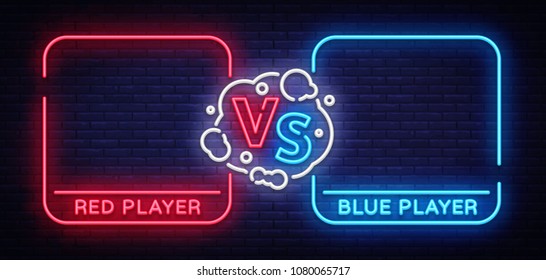 Versus screen design in neon style. Neon banner Announcement of two fighters. Blue futuristic neon VS leaves. Competition vs match game, martial battle vs sport. Vector illustration