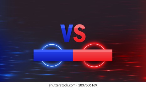 Versus screen design. Red and blue VS letters. Battle headline template. Futuristic abstract background. Circle and glow on a red-blue background.  Versus battle. Vector illustration
